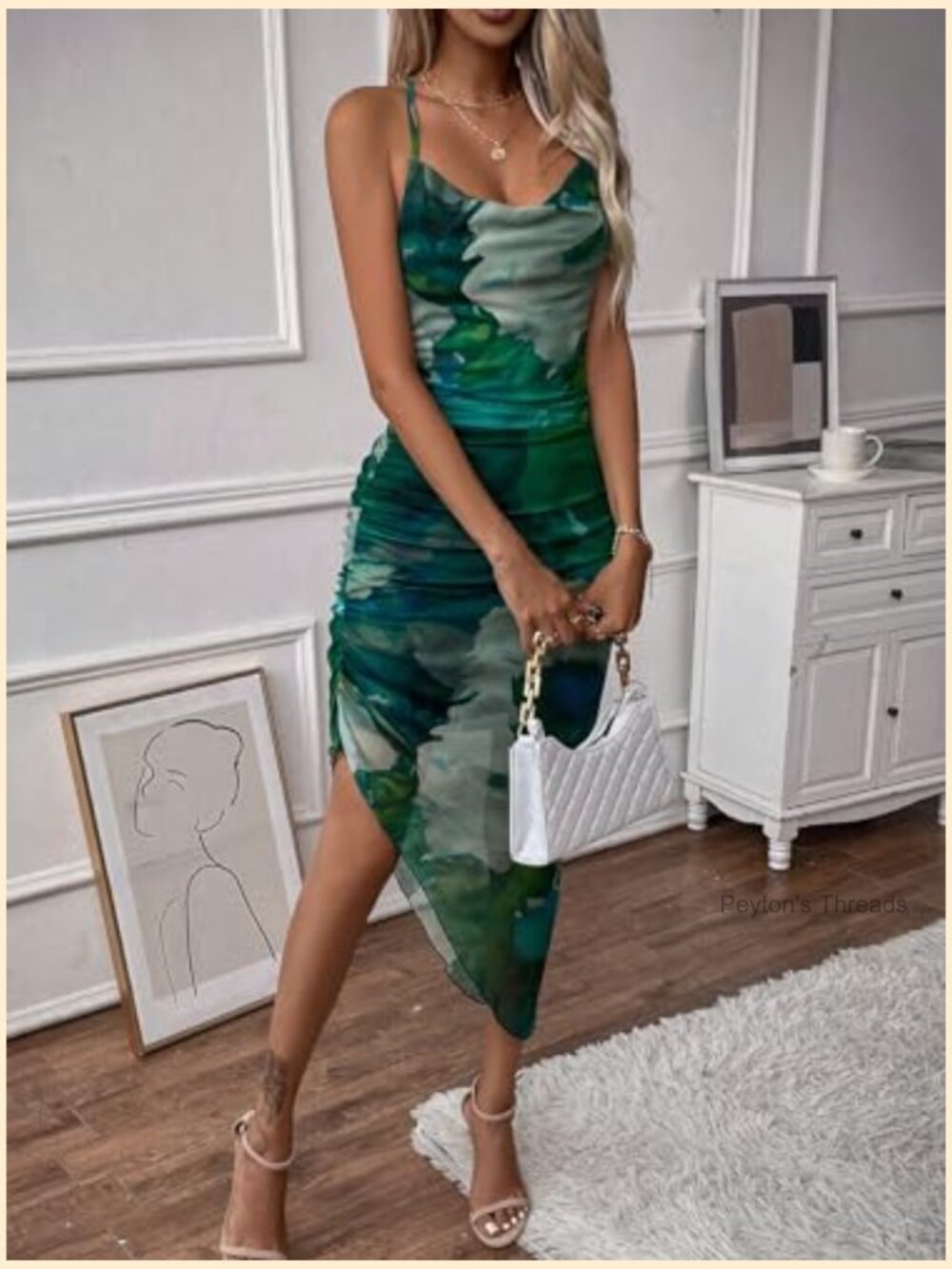 Mesh Ruched Bodycon Midi Dress Tie Dye Asymmetrical Party Going Out Wedding - Picture 3 of 4